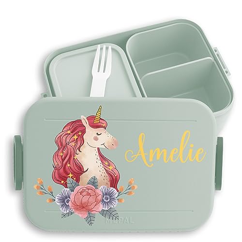 Kinder Bento Box Midi für Mepal Bentobox - Einhörner - Brotbox Einhorn Lunchbox Unicorn Vesperbox Fabelwesen I - 900 ml - Sage Grün - jausenbox kindergarten brotdose mädchen einhörnern lunch von Geschenk mit Namen personalisiert by Shirtracer