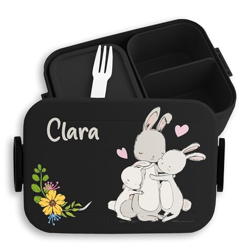 Kinder Bento Box Midi Lunchbox für Mepal Bentobox - Hasenfamilie Hase Hasen Rabbit - 900 ml - Schwarz - brotdose jausenbox mädchen schule bunny personalisierte kindergarten geschenke jausen name von Geschenk mit Namen personalisiert by Shirtracer