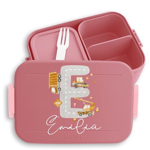 Kinder Bento Box Midi Lunchbox für Mepal Bentobox - Initialen - Anfangsbuchstabe anpassbar Buchstabe Wunschname Name mit Straße Fahrzeugen - 900 ml - Rosa - buchstaben brotbox jausenbox von Geschenk mit Namen personalisiert by Shirtracer