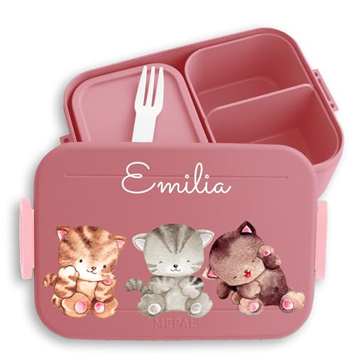 Kinder Bento Box Midi Lunchbox für Mepal Bentobox - Katze - Niedliche Katzen Miezekätzchen Katzenfreunde Katzenliebe - 900 ml - Rosa - vesperdose dose wo name drauf steht katz cat brotdose von Geschenk mit Namen personalisiert by Shirtracer