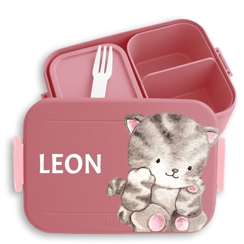 Kinder Bento Box Midi Lunchbox für Mepal Bentobox - Katzen - Süße Aquarell Katze mit Name - 900 ml - Rosa - vesperdose cat brotdose dose wo drauf steht katz katzenmotiv feschberdose personalierte von Geschenk mit Namen personalisiert by Shirtracer