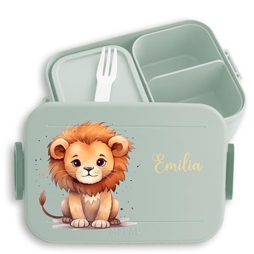 Kinder Bento Box Midi Lunchbox für Mepal Bentobox - Löwen - Brotbox Löwe Vesperbox König der Tiere I Leu I Zootiere - 900 ml - Sage Grün - brotdose junge schule brotzeitbox mädchen kita lion von Geschenk mit Namen personalisiert by Shirtracer