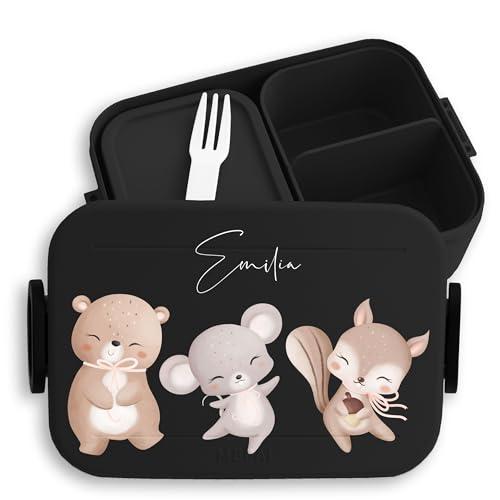 Kinder Bento Box Midi Lunchbox für Mepal Bentobox - Niedliche Tiere Bär Maus Eichhörnchen - 900 ml - Schwarz - name brotdose mädchen kindergarten tieren brotbox kita rosa von Geschenk mit Namen personalisiert by Shirtracer