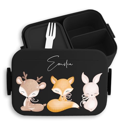 Kinder Bento Box Midi Lunchbox für Mepal Bentobox - Niedliche Tiere Reh Fuchs Hase - 900 ml - Schwarz - personalisierte brotdose jausenbox tieren kita mädchen kindergarten tier brotbüchse name von Geschenk mit Namen personalisiert by Shirtracer