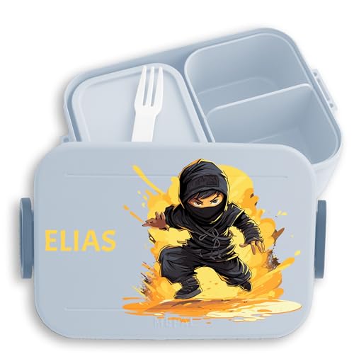 Kinder Bento Box Midi Lunchbox für Mepal Bentobox - Ninja Schattenkrieger Kampfstil - 900 ml - Hellblau - jausenbox junge schule brotbox brotdose schwarz vesperbox personalisierte brotzeitbox von Geschenk mit Namen personalisiert by Shirtracer