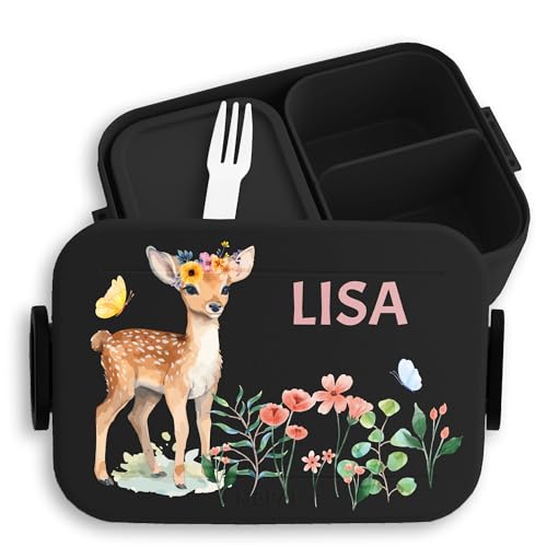 Kinder Bento Box Midi für Mepal Bentobox - Brotbox Reh Lunchbox Rehkitz Vesperdose Rehe Vesperbox Rehgeweih I - 900 ml - Schwarz - brotdose mädchen kindergarten schul geschenke rehlein name von Geschenk mit Namen personalisiert by Shirtracer