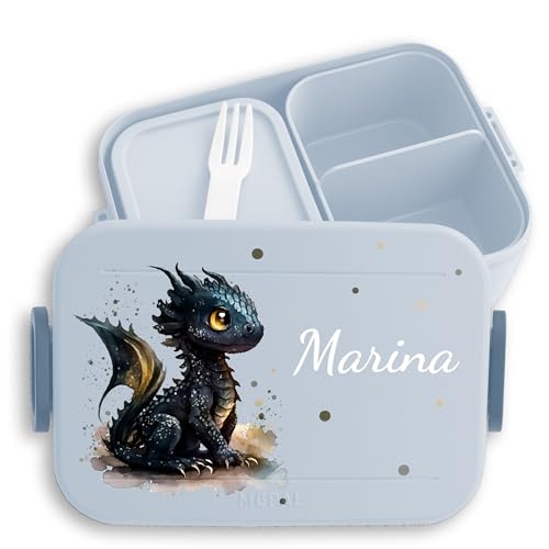 Kinder Bento Box Midi für Mepal Bentobox - Brotbox süßer Drache mit Namen Lunchbox Nachtdrache Vesperbox Dragon I Drachen I Drachenzähmen - 900 ml - Hellblau - frühstücksbox schule junge von Geschenk mit Namen personalisiert by Shirtracer