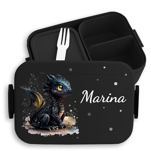 Kinder Bento Box Midi für Mepal Bentobox - Brotbox süßer Drache mit Namen Lunchbox Nachtdrache Vesperbox Dragon I Drachen I Drachenzähmen - 900 ml - Schwarz - frühstücksbox schule junge von Geschenk mit Namen personalisiert by Shirtracer