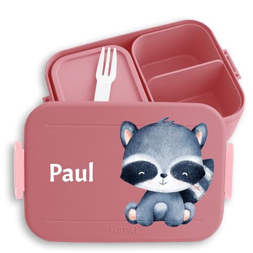 Kinder Bento Box Midi Lunchbox für Mepal Bentobox - Süßer Waschbär Niedlicher Waschbär - 900 ml - Rosa von Geschenk mit Namen personalisiert by Shirtracer