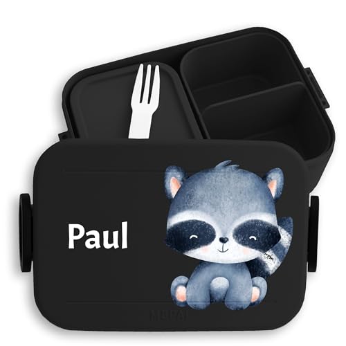 Kinder Bento Box Midi für Mepal Bentobox - Brotbox süßer Waschbär Lunchbox niedliches Waschbärmotiv I - 900 ml - Schwarz - waschbären jausenbox brotdose von Geschenk mit Namen personalisiert by Shirtracer