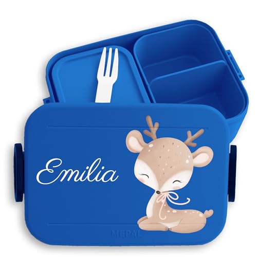 Kinder Bento Box Midi Lunchbox für Mepal Bentobox - Süßes Reh Rehlein Waldtier - 900 ml - Blau - brotdose individualisierbar brotzeitbox mädchen schule rehkitz waldtiere snackbox name von Geschenk mit Namen personalisiert by Shirtracer