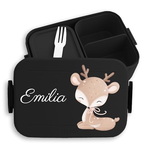 Kinder Bento Box Midi Lunchbox für Mepal Bentobox - Süßes Reh mit Name personalisiert I Rehlein Waldtier - 900 ml - Schwarz - brotbox mädchen schule personalisierte brotdose kindergarten rehkitz von Geschenk mit Namen personalisiert by Shirtracer