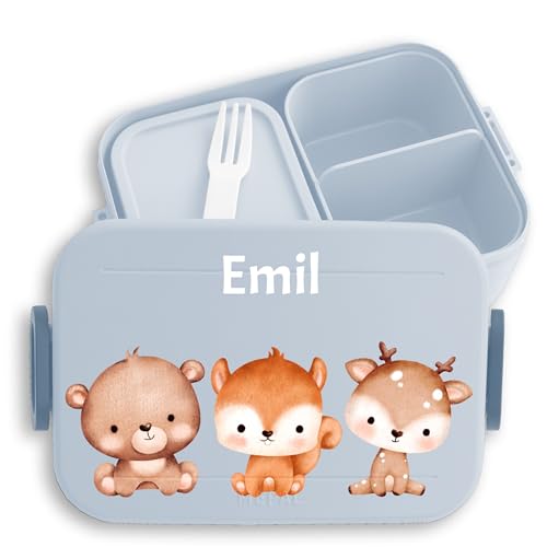 Kinder Bento Box Midi Lunchbox für Mepal Bentobox - Tiere - Brotdose Waldtiere mit Name I Bär I Eichhörnchen I Reh - 900 ml - Hellblau - personalisierte brotbüchse tieren bären jausenbox von Geschenk mit Namen personalisiert by Shirtracer