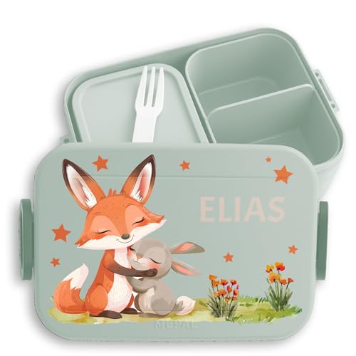 Kinder Bento Box Midi Lunchbox für Mepal Bentobox - Tiere - Fuchs und Hase Waldtiere - 900 ml - Sage Grün - brotdose kindergarten personalisierte brotbüchse tieren hasen kita kind name jausenbox Kinder Bento Box Midi Lunchbox für Mepal Bentobox - Tiere - Fuchs und Hase Waldtiere - 900 ml - Sage Grün - brotdose kindergarten personalisierte brotbüchse tieren hasen kita kind name jausenbox von Geschenk mit Namen personalisiert by Shirtracer