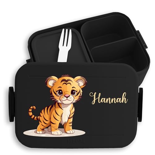Kinder Bento Box Midi Lunchbox für Mepal Bentobox - Tiger Geschenk Einschulung Zootiere I Schulkind Geschenk Tiermotiv - 900 ml - Schwarz - tiermotiven brotdose name auslaufsicher essen von Geschenk mit Namen personalisiert by Shirtracer