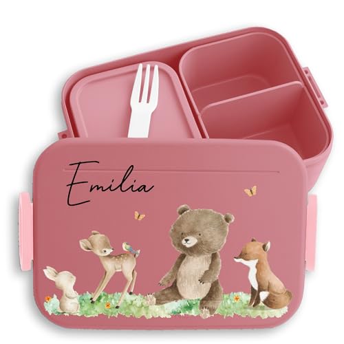 Kinder Bento Box Midi Lunchbox für Mepal Bentobox - Waldtiere Tiere Wald Tier Hase Reh Bär Fuchs - 900 ml - Rosa - jausenbox tieren waldtier snackbox brotdose brotbox brotzeitbox vesperbox von Geschenk mit Namen personalisiert by Shirtracer