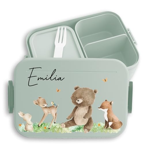 Kinder Bento Box Midi Lunchbox für Mepal Bentobox - Waldtiere Tiere Wald Tier Hase Reh Bär Fuchs - 900 ml - Sage Grün - brotdose vesperbox kindergarten kinderbrotdosen frühstücksbox von Geschenk mit Namen personalisiert by Shirtracer