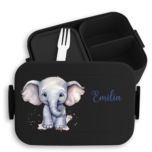 Kinder Bento Box Midi Lunchbox für Mepal Bentobox - Zootiere - Elefant Dickhäuter Grauer Riese Rüsseltier - 900 ml - Schwarz - personalisierte brotdose name elefanten snackbox von Geschenk mit Namen personalisiert by Shirtracer