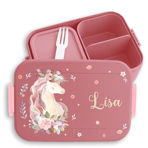 Kinder Bento Box Midi Lunchbox für Mepal Bentobox - Einhorn Geschenk Mädchen Schule Kindergarten mit Name - 900 ml - Rosa - brotdose personalisierte brotboxen unicorn brotbox fächern einhörnern von Geschenk mit Namen personalisiert by Shirtracer