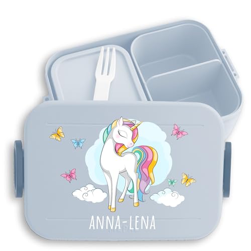 Kinder Bento Box Midi Lunchbox für Mepal Bentobox - Einhorn Schmetterlingen - 900 ml - Hellblau - unicorn name jausenbox brotdose brotbox einhörnern vesperdose mädchen einhörner brotzeitbox von Geschenk mit Namen personalisiert by Shirtracer