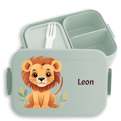 Kinder Bento Box Midi Lunchbox für Mepal Bentobox - Löwen - Süßer Löwe Wildtiere König der Tiere Lion - 900 ml - Sage Grün - brotdose name personalisierte jausenbox fuer kindergarten von Geschenk mit Namen personalisiert by Shirtracer