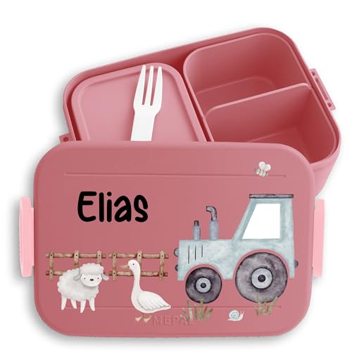 Kinder Bento Box Midi für Mepal Bentobox - Personalisierte Traktor-Brotdose mit Tieren Kindgerechte Lunchbox mit Traktor und Bauernhoftieren - 900 ml - Rosa - brotdose trecker bulldog brotzeitbox von Geschenk mit Namen personalisiert by Shirtracer