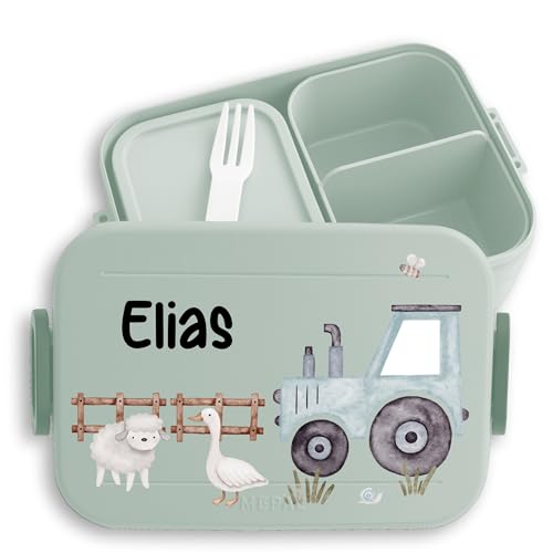 Kinder Bento Box Midi für Mepal Bentobox - Personalisierte Traktor-Brotdose mit Tieren Kindgerechte Lunchbox mit Traktor und Bauernhoftieren - 900 ml - Sage Grün - trecker brotdose traktorfans von Geschenk mit Namen personalisiert by Shirtracer