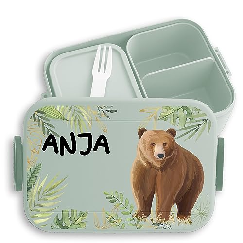 Kinder Bento Box Midi Lunchbox für Mepal Bentobox - Bär Bären Bärenmotiv Raubtier Bear - 900 ml - Sage Grün - frühstücksdose brotdose von Geschenk mit Namen personalisiert by Shirtracer