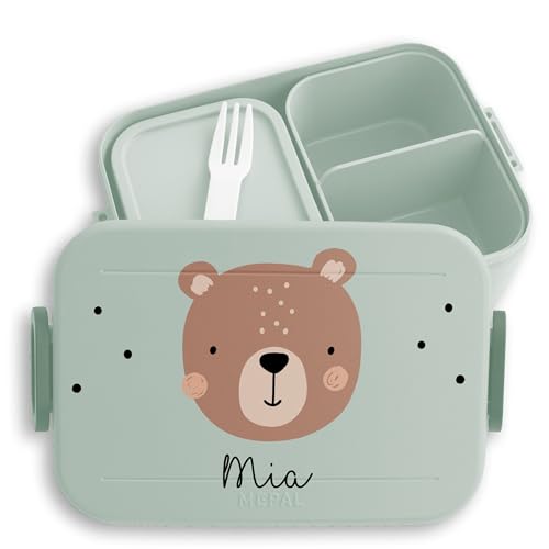 Kinder Bento Box Midi Lunchbox für Mepal Bentobox - Boho Bär Bären Bear - 900 ml - Sage Grün - frühstücksdose frühstücksbox brotdose frühstücksdosen personalierte lunch personalisierte von Geschenk mit Namen personalisiert by Shirtracer