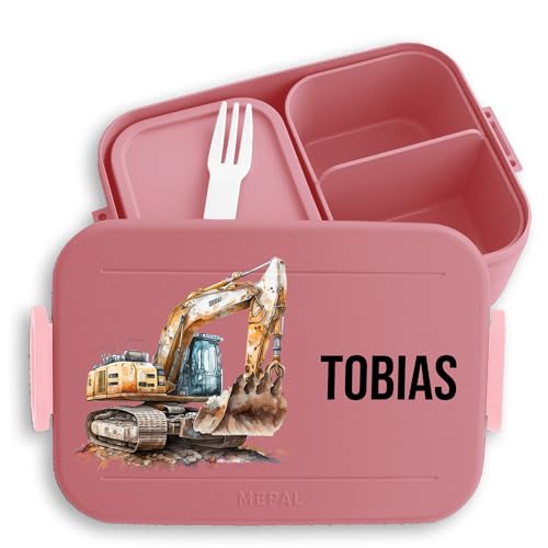 Kinder Bento Box Midi Lunchbox für Mepal Bentobox - Bagger Baufahrzeug Baustelle Baustellenfahrzeug - 900 ml - Rosa - baustellen brotdose personalisierte brotdosen baustellenfahrzeuge baufahrzeuge von Geschenk mit Namen personalisiert by Shirtracer