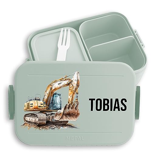 Kinder Bento Box Midi Lunchbox für Mepal Bentobox - Bagger Baufahrzeug Baustelle Baustellenfahrzeug - 900 ml - Sage Grün - baustellen geschenke brotzeitbox brotdose junge kindergarten baggerfahrer von Geschenk mit Namen personalisiert by Shirtracer