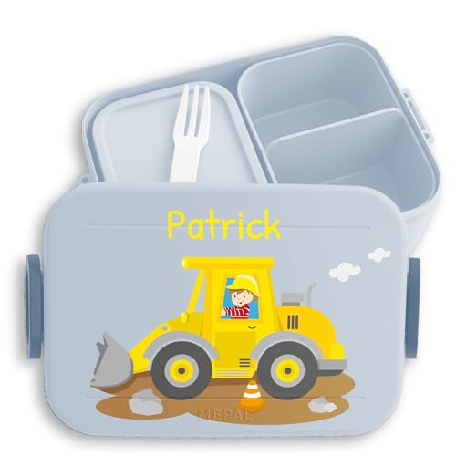 Kinder Bento Box Midi Lunchbox für Mepal Bentobox - Baustellenfahrzeug Bagger Radlader - 900 ml - Hellblau - brotdose personalisierte brotdosen baustellenfahrzeuge brotbox von Geschenk mit Namen personalisiert by Shirtracer