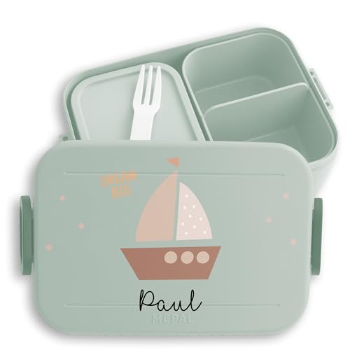 Kinder Bento Box Midi Lunchbox für Mepal Bentobox - Boot Segelschiff Segeln Schiff Segler Seglerin - 900 ml - Sage Grün von Geschenk mit Namen personalisiert by Shirtracer