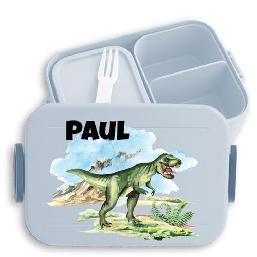 Kinder Bento Box Midi Lunchbox für Mepal Bentobox - Dino Dinosaurier Dinos Dinosaurus Saurier - 900 ml - Hellblau - personalisierte brotdosen brotdose schulkind name brotbox kindergarten geteilt von Geschenk mit Namen personalisiert by Shirtracer