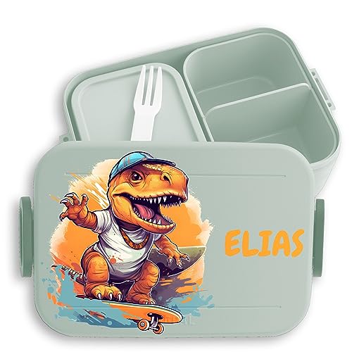 Kinder Bento Box Midi Lunchbox für Mepal Bentobox - Dino T-Rex Dinosaurier TRex Skateboard - 900 ml - Sage Grün - personalisierte brotdose kind fans brotdosen name motiv butterbrotdose faechern von Geschenk mit Namen personalisiert by Shirtracer