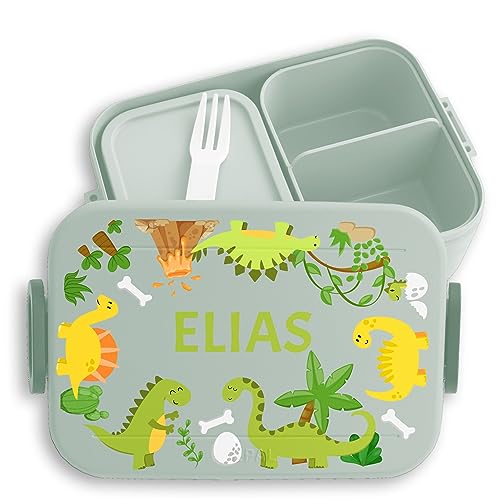 Kinder Bento Box Midi Lunchbox für Mepal Bentobox - Dinosaurier Dino Dinosaurus - 900 ml - Sage Grün - personalisierte brotdose faechern name brotdosen kindergarten wasserdicht motiv brotlose von Geschenk mit Namen personalisiert by Shirtracer