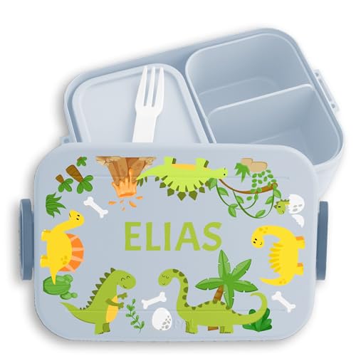 Kinder Bento Box Midi für Mepal Bentobox - Brotbox Dinosaurier Lunchbox Dino Vesperbox Dinosaurus I - 900 ml - Hellblau - brotdose name kinderbrotdosen kindergarten t-rex vulkan von Geschenk mit Namen personalisiert by Shirtracer