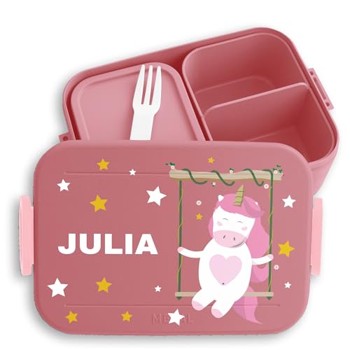 Kinder Bento Box Midi Lunchbox für Mepal Bentobox - Einhorn Schaukel - 900 ml - Rosa - personalisierte brotdose jausenbox mädchen schule unicorn vesperdose name einhörnern brotbox fächern von Geschenk mit Namen personalisiert by Shirtracer