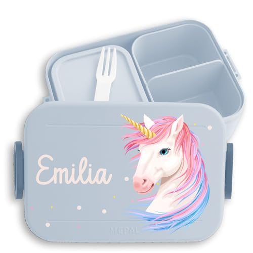 Kinder Bento Box Midi Lunchbox für Mepal Bentobox - Einhorn Unicorn - 900 ml - Hellblau - brotbüchse mädchen personalisierte brotboxen einhörnern brotdose brotbox name fächern einhörner von Geschenk mit Namen personalisiert by Shirtracer