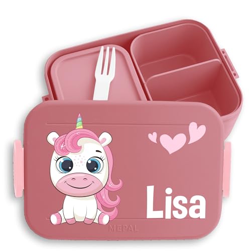 Kinder Bento Box Midi Lunchbox für Mepal Bentobox - Brotdose Einhorn süß I Vesperbox Einhörner Jausenbox Unicorn I Einhornmotiv - 900 ml - Rosa - fächern personalisierte brotboxen einhörnern von Geschenk mit Namen personalisiert by Shirtracer