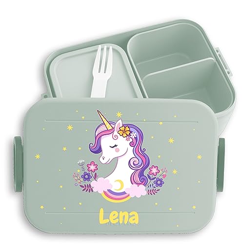 Kinder Bento Box Midi Lunchbox für Mepal Bentobox - Süßes Einhorn Unicorn - 900 ml - Sage Grün - personalisierte brotdose mädchen name und brotbox vesperdose fächern fabelwesen brotzeitdose von Geschenk mit Namen personalisiert by Shirtracer