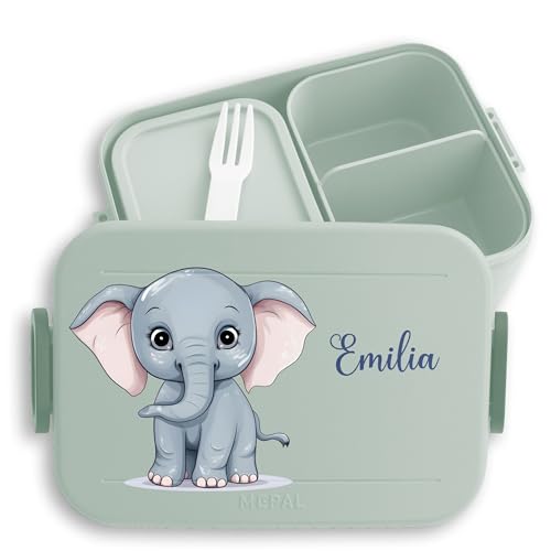 Kinder Bento Box Midi Lunchbox für Mepal Bentobox - Elefant Dickhäuter Rüsseltier - Tiermotiv Zootier - 900 ml - Sage Grün - brotdose personalierte brotdosen fächern name elefanten von Geschenk mit Namen personalisiert by Shirtracer