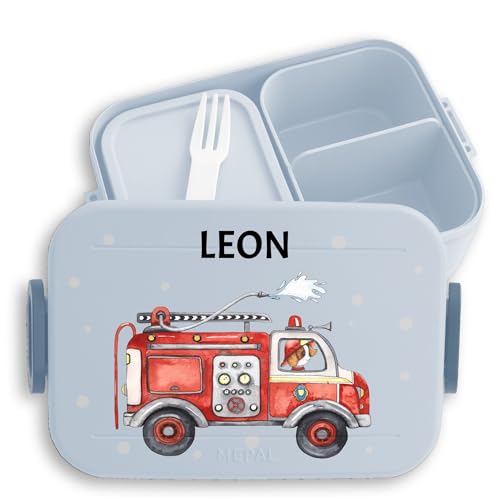 Kinder Bento Box Midi für Mepal Bentobox - Lunchbox Feuerwehrauto Brotbox Feuerwehr I 112 I Löschfahrzeug - 900 ml - Hellblau - personalisierte geschenke kind brotdose krippe junge feuerwehrmann von Geschenk mit Namen personalisiert by Shirtracer