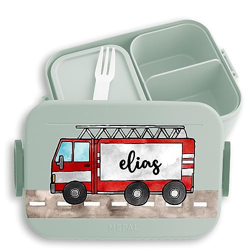 Kinder Bento Box Midi Lunchbox für Mepal Bentobox - Feuerwehrauto Feuerwehr Feuerwehrmann - 900 ml - Sage Grün - brotdose junge kindergarten geschenke lunchboxen personalisierte name brotzeitbox von Geschenk mit Namen personalisiert by Shirtracer