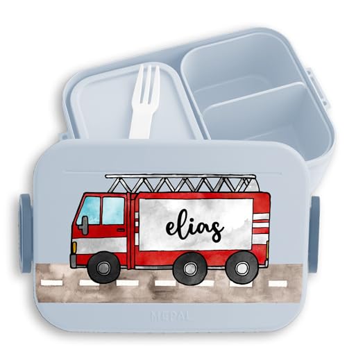 Kinder Bento Box Midi Lunchbox für Mepal Bentobox - Feuerwehrauto Feuerwehr Feuerwehrmann - 900 ml - Hellblau - feuerwehrmänner brotdose personalisierte brotdosen jugendfeuerwehr brotbox von Geschenk mit Namen personalisiert by Shirtracer