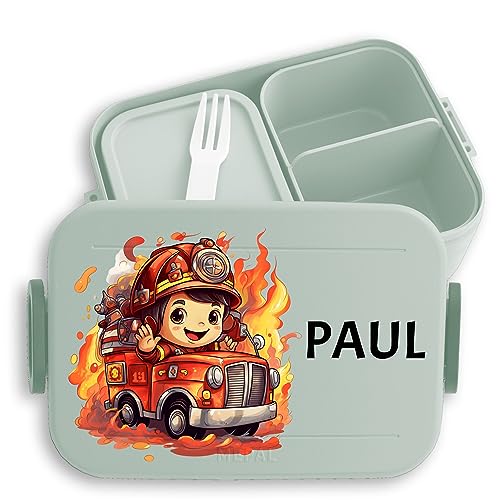 Bento Box Midi Lunchbox für Mepal Bentobox - Feuerwehrjunge Feuerwehr Junge Kinder - 900 ml - Sage Grün - fans kindergarten brotdose feuerwehrauto auto personalisierte brotdosen personalierte von Geschenk mit Namen personalisiert by Shirtracer