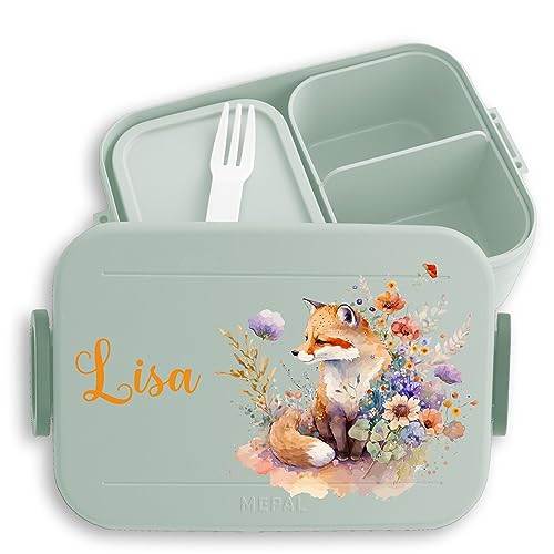 Kinder Bento Box Midi Lunchbox für Mepal Bentobox - Süßer Fuchs Süße Füchsin Füchse - 900 ml - Sage Grün - brotdose kind name nepal brotlose lunchboxen brotbox pausenbox brotzeitbox von Geschenk mit Namen personalisiert by Shirtracer