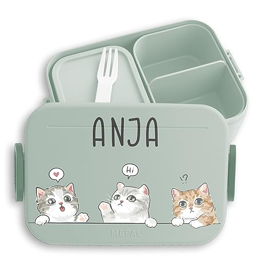 Kinder Bento Box Midi Lunchbox für Mepal Bentobox - Katze - Katzenmama Kätzchen Katzen Cats - 900 ml - Sage Grün - katzenmotiv brotdose dose geschenke katzenliebhaber name brotzeitdose fächern von Geschenk mit Namen personalisiert by Shirtracer