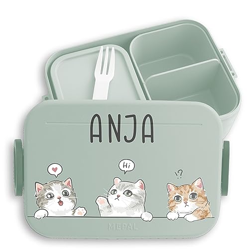 Kinder Bento Box Midi für Mepal Bentobox - Katze - Lunchbox Katzenmama Brotbox Kätzchen Vesperbox Katzen I Cats - 900 ml - Sage Grün - katzenmotiv personalisierte brotdose cat with jausenbox von Geschenk mit Namen personalisiert by Shirtracer