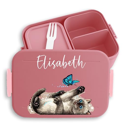 Kinder Bento Box Midi Lunchbox für Mepal Bentobox - Katzen - Verspielte Süße Katze Cat - 900 ml - Rosa - brotdose name vesperdose katzenmotiv brotbox dose wo drauf steht katz katzenliebhaber von Geschenk mit Namen personalisiert by Shirtracer